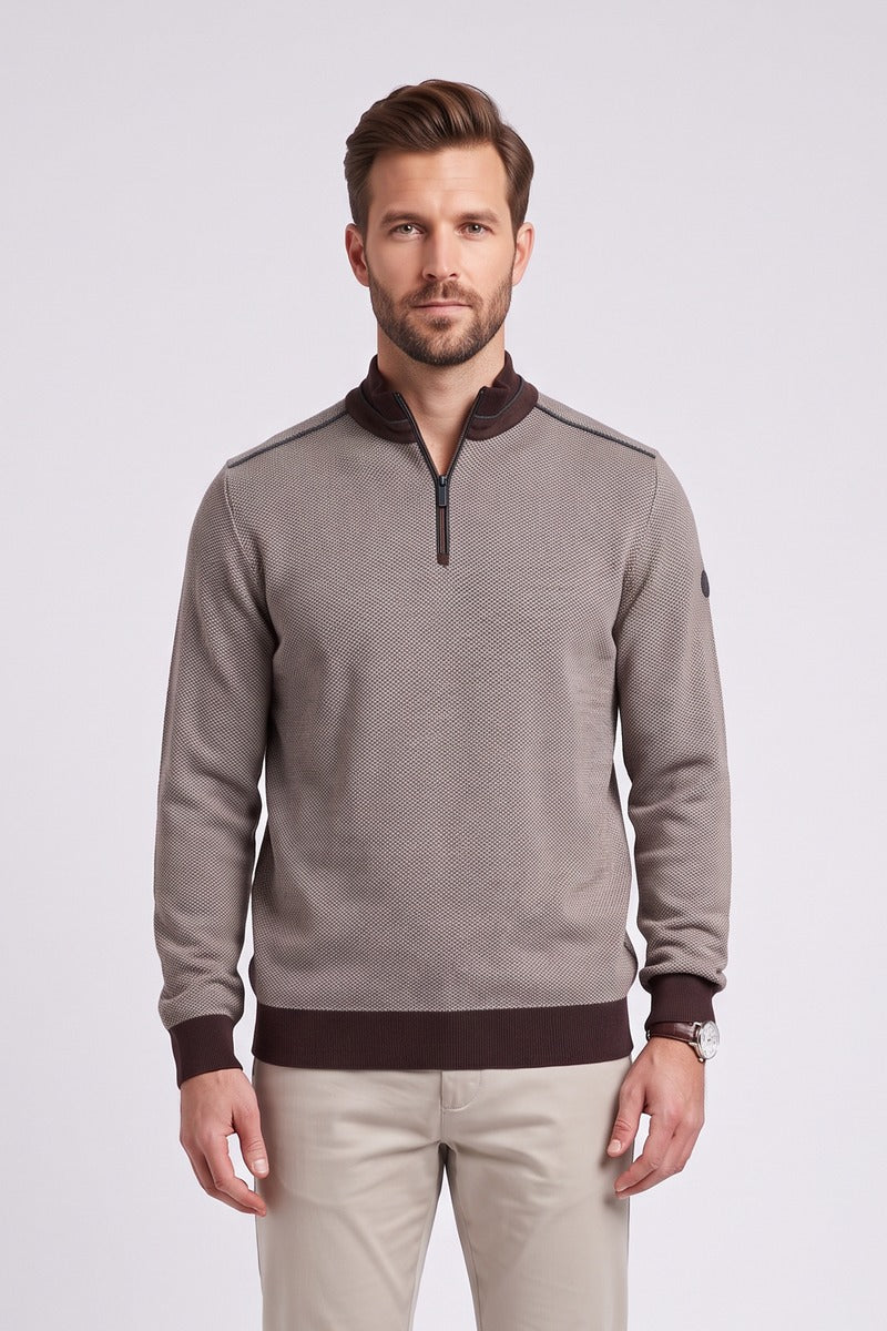 Benetti Troy Regular Fit Two Tone Quarter Zip Jumper Brown