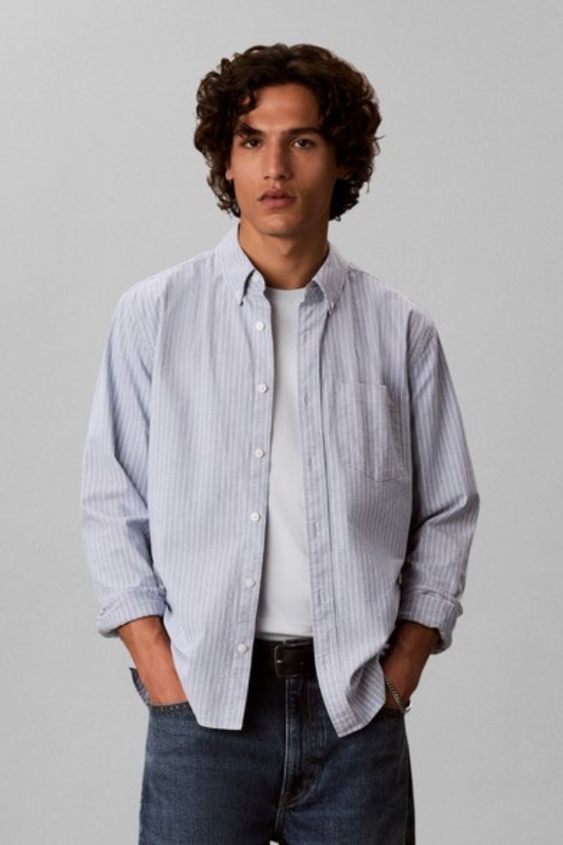 Calvin Klein 100G Classic Fit Striped Oxford Shirt Moonlight Blue