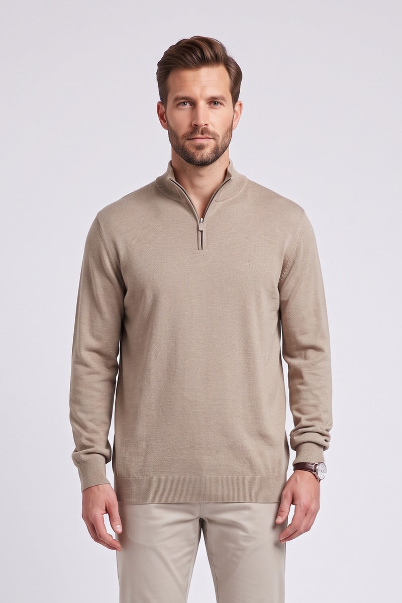 Casa Moda 4410 Regular Fit Cotton Zip Neck Jumper Beige