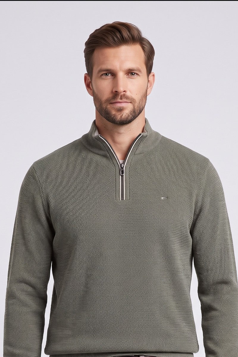 Casa Moda 79000 Regular Fit Cotton Zip Neck Jumper Moss Green