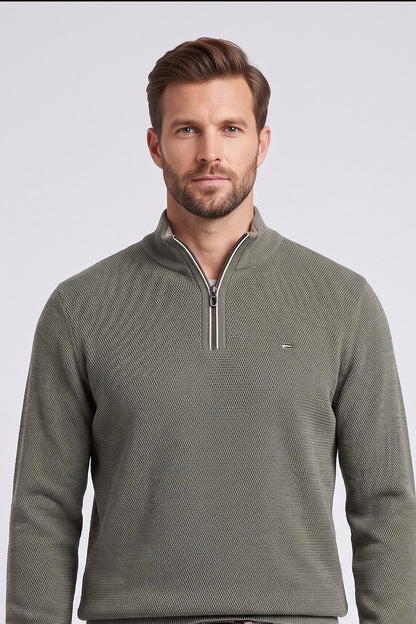 Casa Moda 79000 Regular Fit Cotton Zip Neck Jumper Moss Green