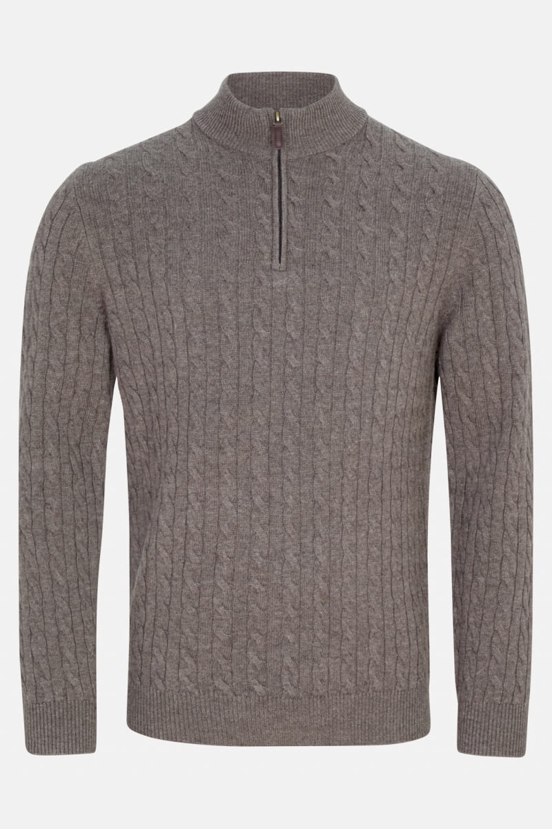 Benetti Grant Regular Fit Cable Knit Quarter Zip Jumper Brown