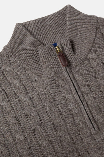 Benetti Grant Regular Fit Cable Knit Quarter Zip Jumper Brown
