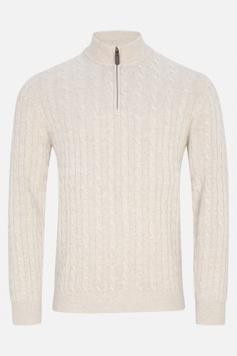 Benetti Grant Regular Fit Cable Knit Quarter Zip Jumper Stone