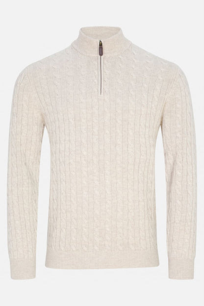 Benetti Grant Regular Fit Cable Knit Quarter Zip Jumper Stone