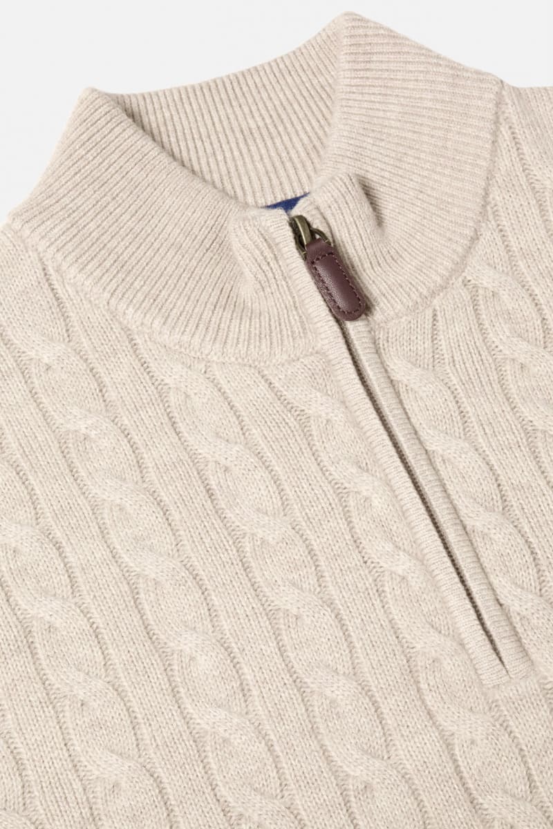Benetti Grant Regular Fit Cable Knit Quarter Zip Jumper Stone