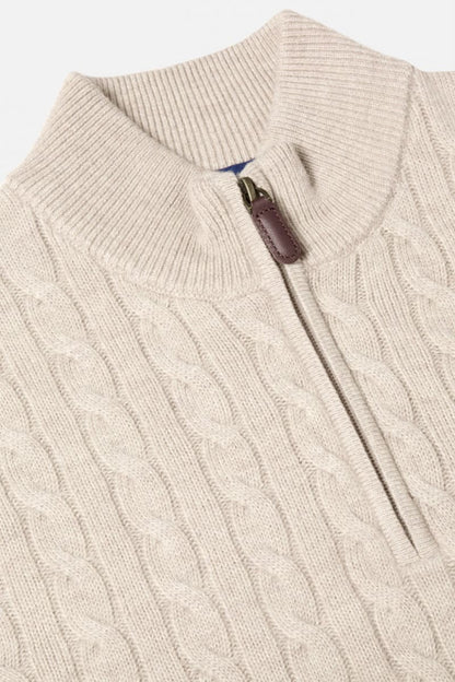 Benetti Grant Regular Fit Cable Knit Quarter Zip Jumper Stone