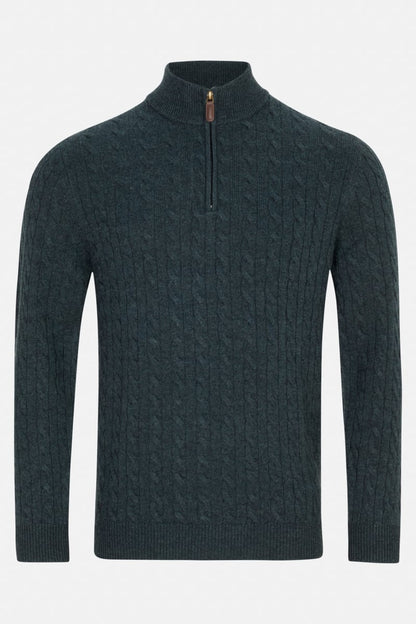 Benetti Grant Regular Fit Cable Knit Quarter Zip Jumper Teal