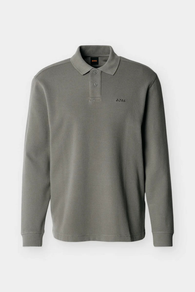 Boss Petempestolong long sleeve polo shirt in open grey