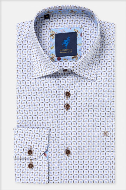 Benetti London Modern Fit Geometric Print Shirt Coffee