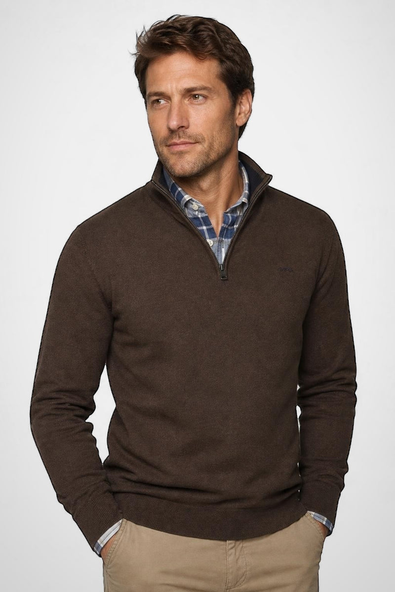 McGregor Regular Fit Cotton-Cashmere Zip Mock Sweater Chocolate Brown