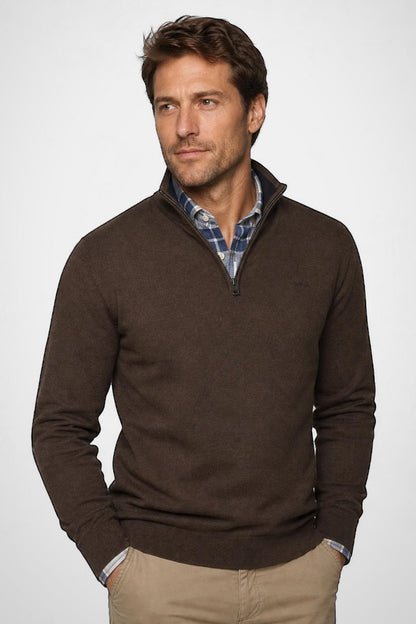 McGregor Regular Fit Cotton-Cashmere Zip Mock Sweater Chocolate Brown