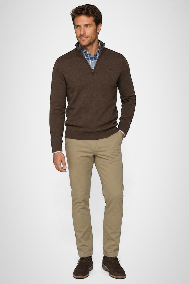 McGregor Regular Fit Cotton-Cashmere Zip Mock Sweater Chocolate Brown
