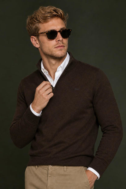 McGregor Regular Fit Cotton-Cashmere Zip Mock Sweater Chocolate Brown