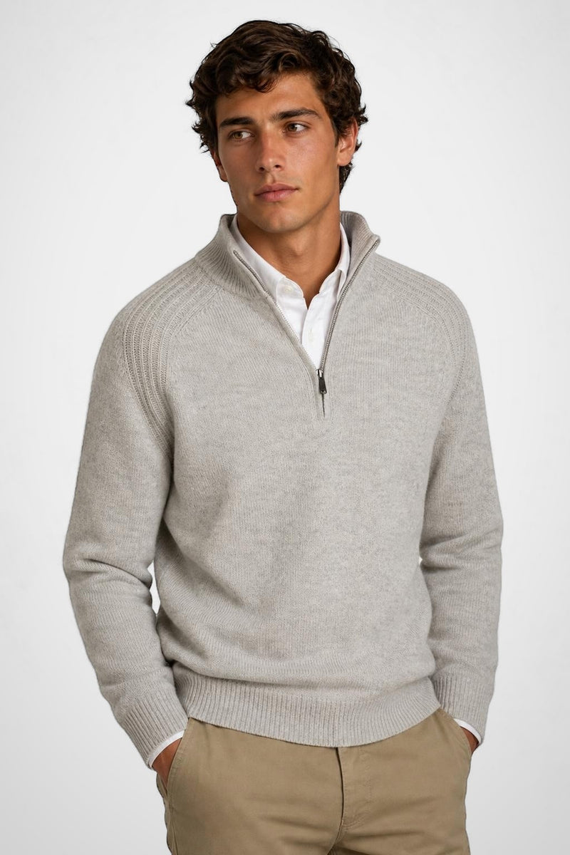 McGregor Regular Fit Zip Mock Ribbed Lambswool Sweater Medium Grey Melange