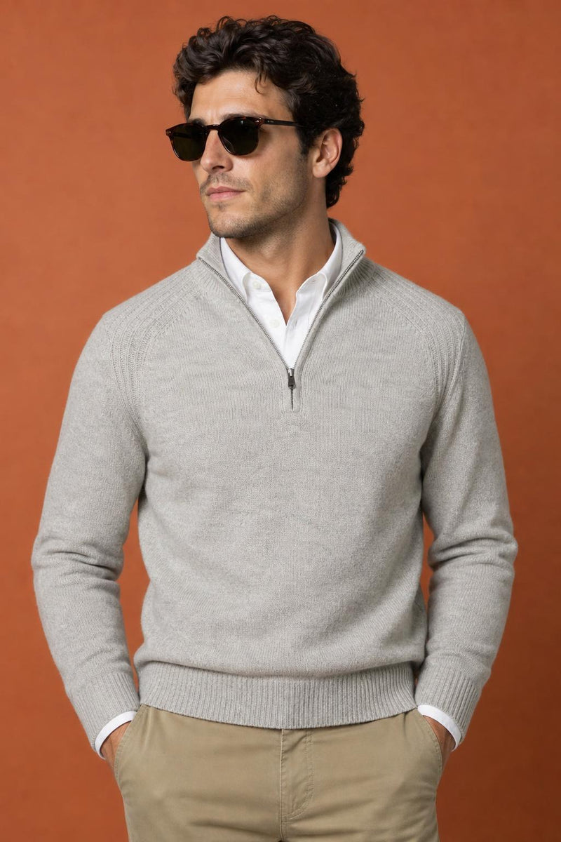 McGregor Regular Fit Zip Mock Ribbed Lambswool Sweater Medium Grey Melange