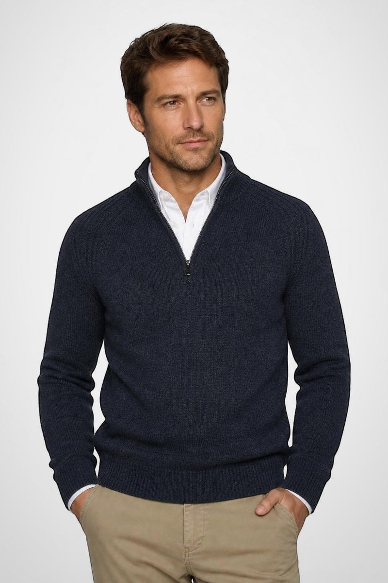 McGregor Regular Fit Zip Mock Ribbed Lambswool Sweater Navy
