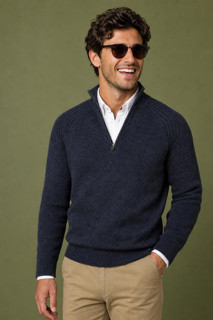 McGregor Regular Fit Zip Mock Ribbed Lambswool Sweater Navy