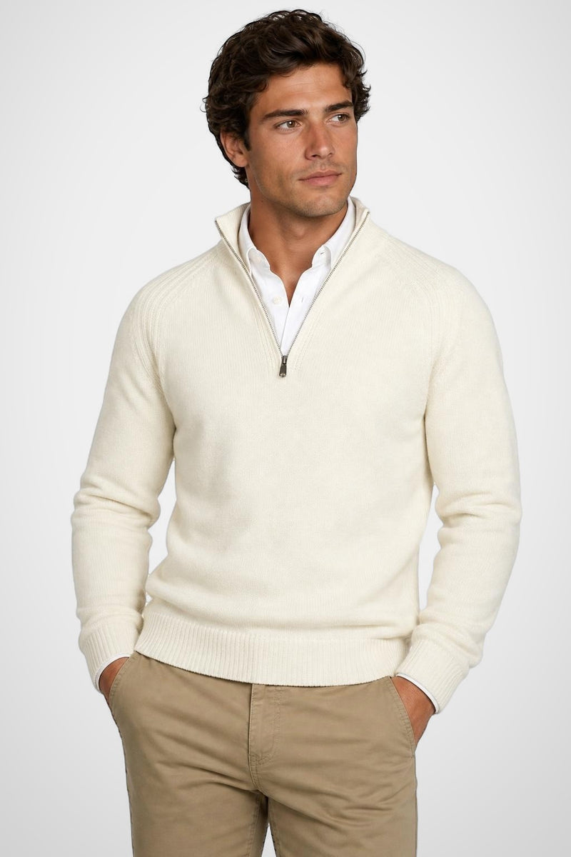 McGregor Regular Fit Zip Mock Ribbed Lambswool Sweater Off White