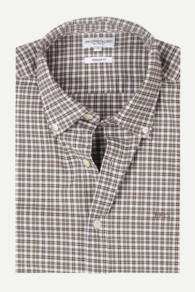McGregor Regular Fit Stretch Oxford Check Shirt Chocolate Brown