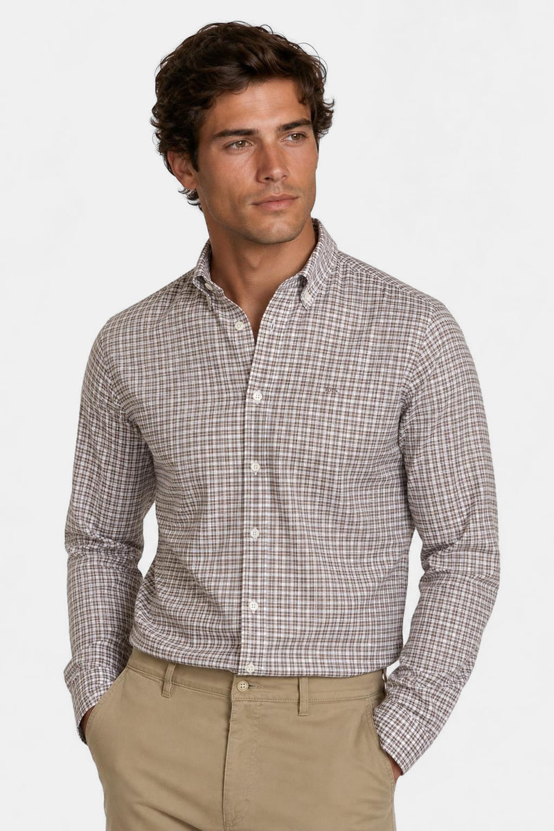 McGregor Regular Fit Stretch Oxford Check Shirt Chocolate Brown