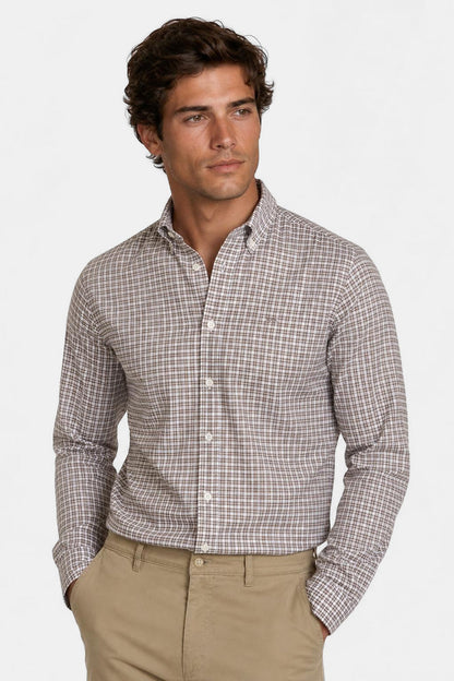 McGregor Regular Fit Stretch Oxford Check Shirt Chocolate Brown