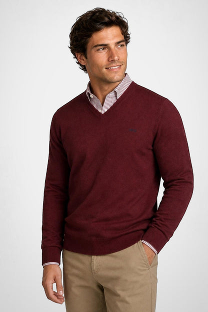 McGregor Regular Fit Cotton-Cashmere V-Neck Sweater Burgundy