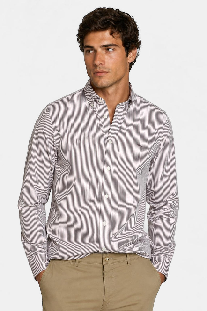 McGregor Regular Fit Peached Poplin Stripe Shirt Chocolate Brown