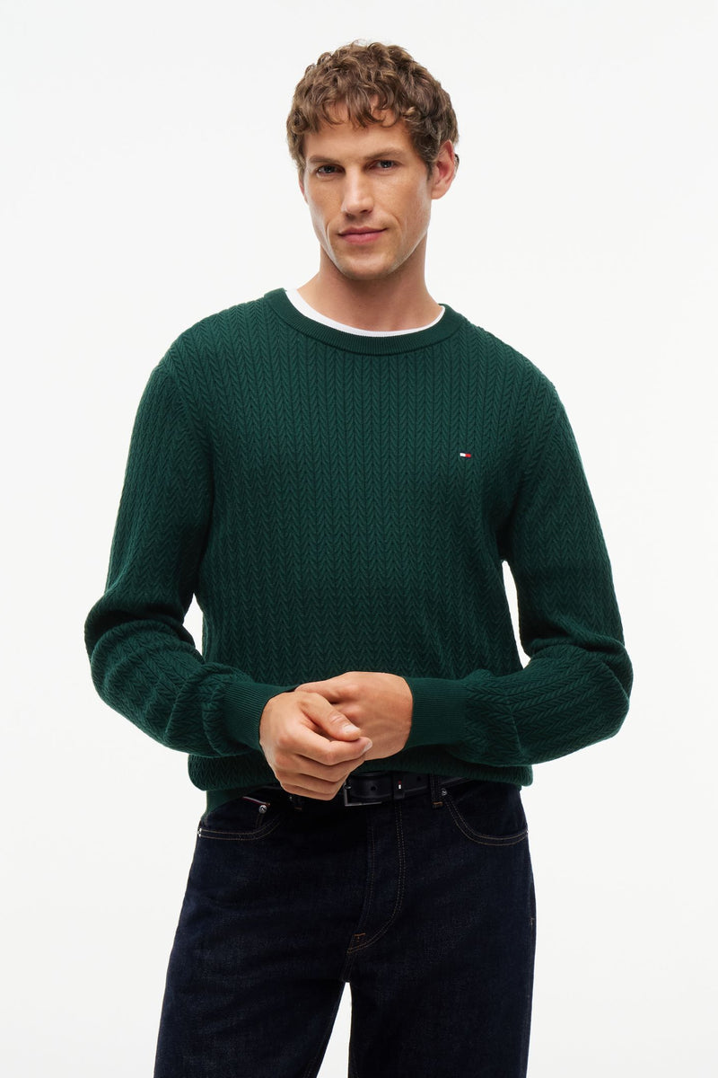 Tommy Hilfiger 37400 Regular Fit Herringbone Knit Crew Neck Jumper Nocturnal Green