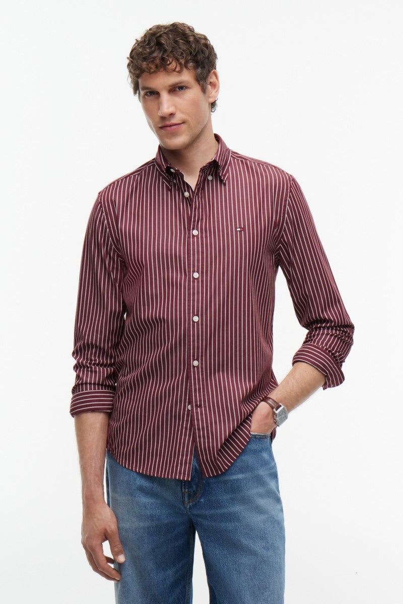 Tommy Hilfiger 44571 Regular Fit Flex Hairline Stripe Poplin Shirt Deep Rouge