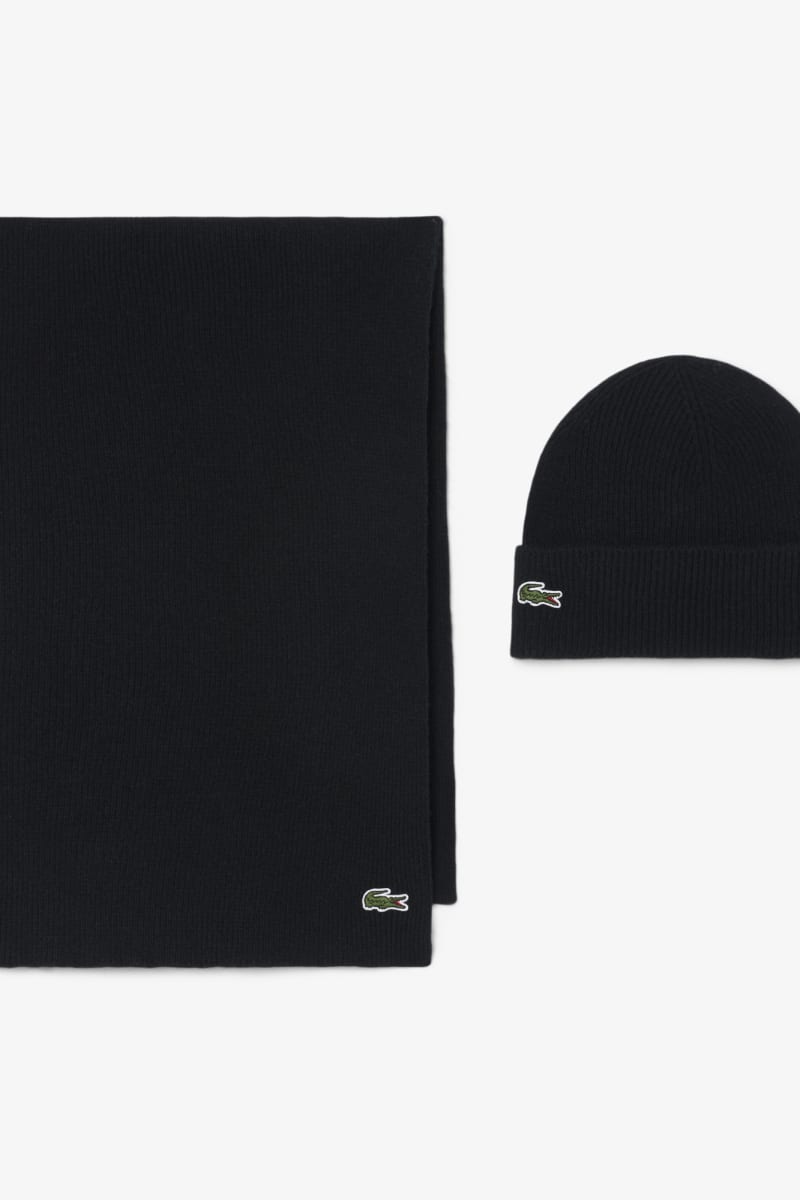 Lacoste RB5385 Ribbed Wool Beanie and Scarf Gift Set Black