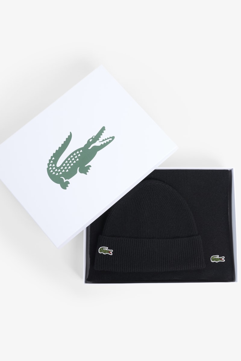 Lacoste RB5385 Ribbed Wool Beanie and Scarf Gift Set Black