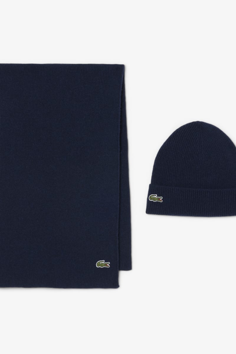 Lacoste RB5385 Ribbed Wool Beanie and Scarf Gift Set Navy Blue