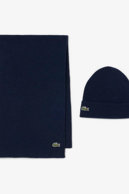 Lacoste RB5385 Ribbed Wool Beanie and Scarf Gift Set Navy Blue