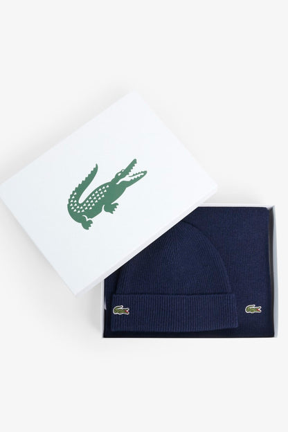 Lacoste RB5385 Ribbed Wool Beanie and Scarf Gift Set Navy Blue