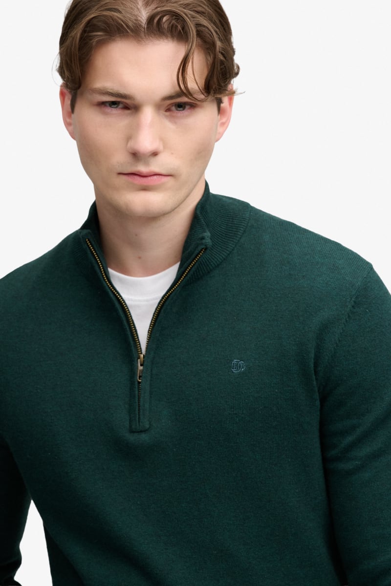 Superdry Essential Lightweight Wool Blend Half Zip - Deep Pine Green