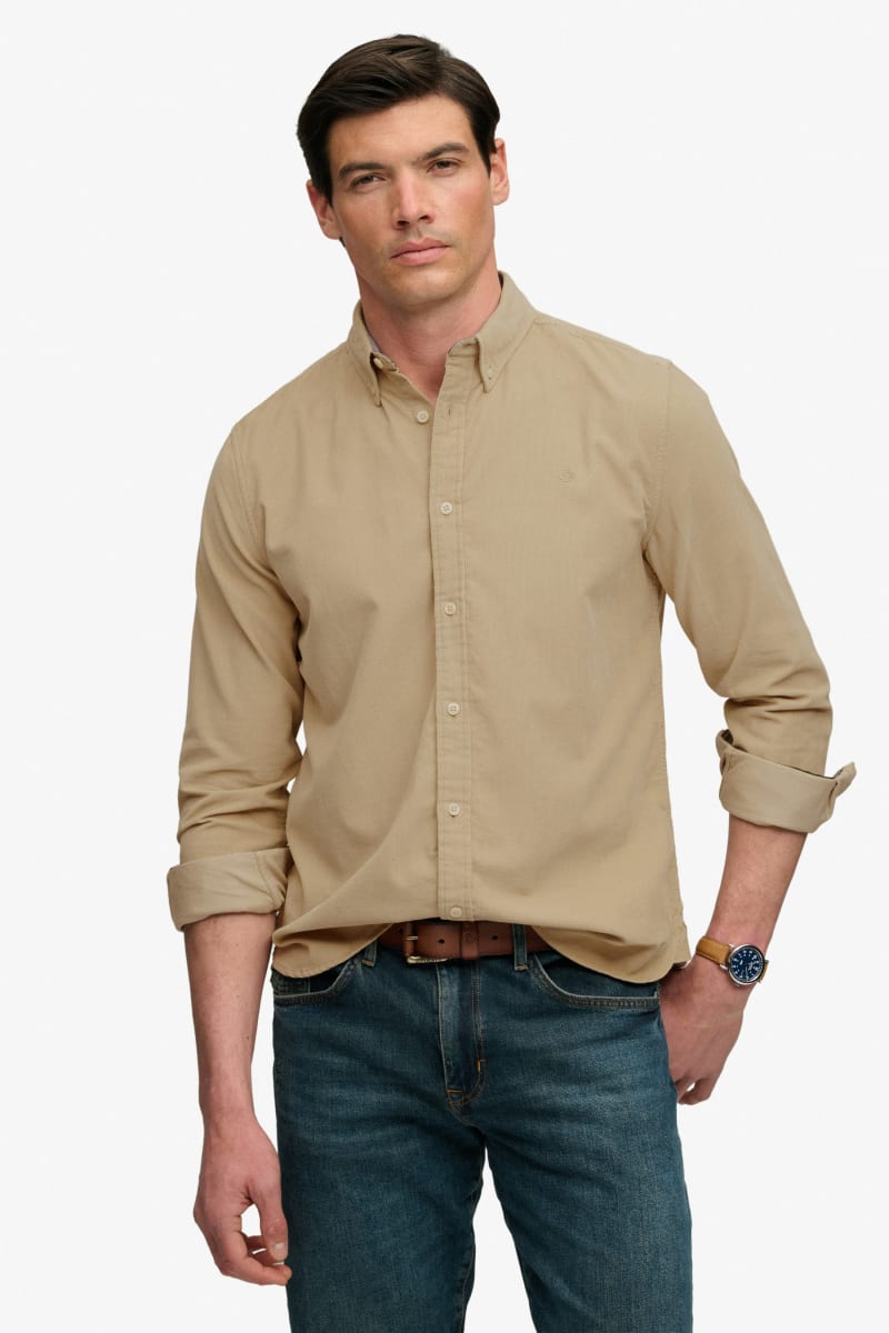 Superdry Classic Needle Cord Shirt - Stone Wash Taupe Brown