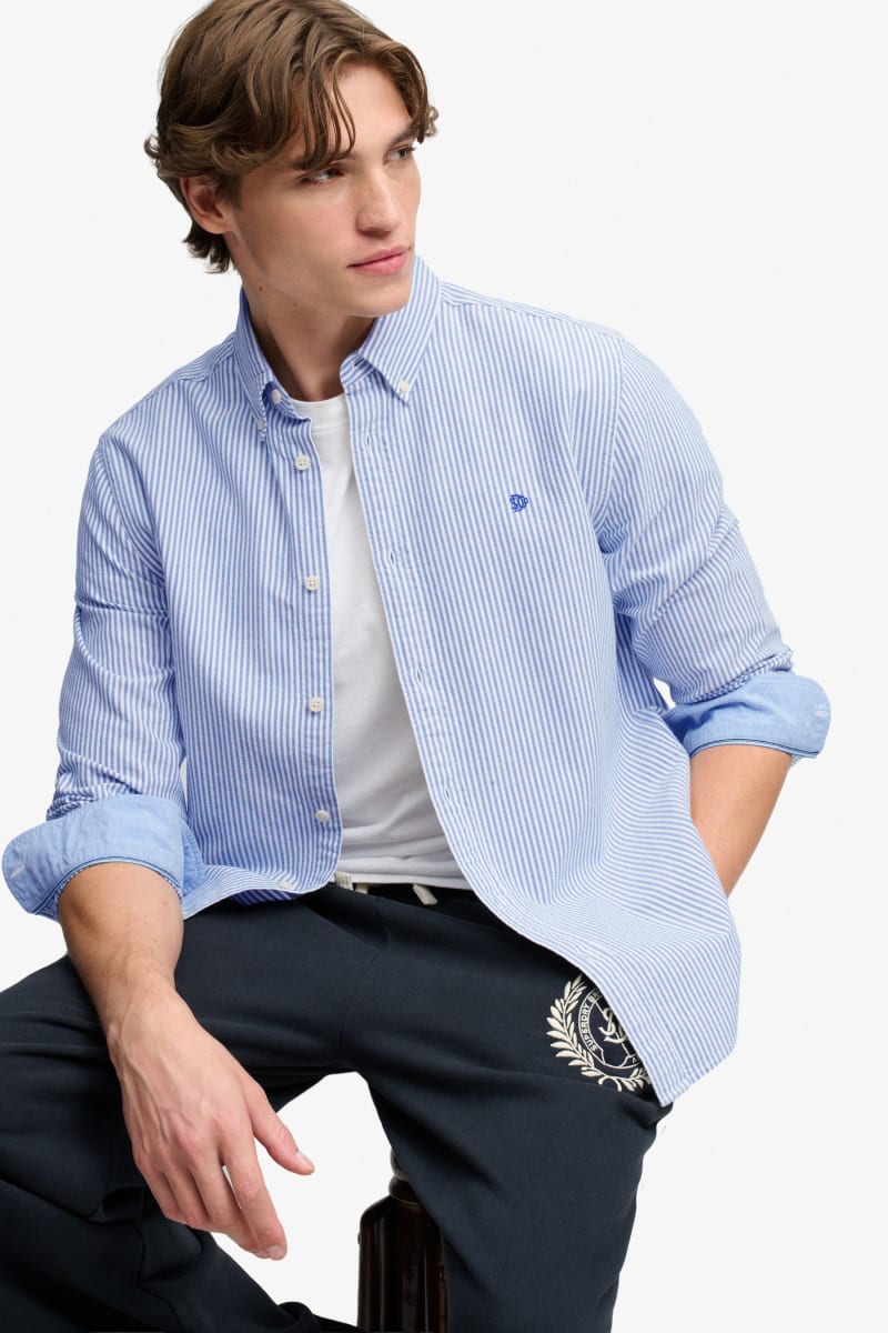 Superdry M4011247A Preppy Oxford Long Sleeve Shirt Azure Blue Chalk Stripe