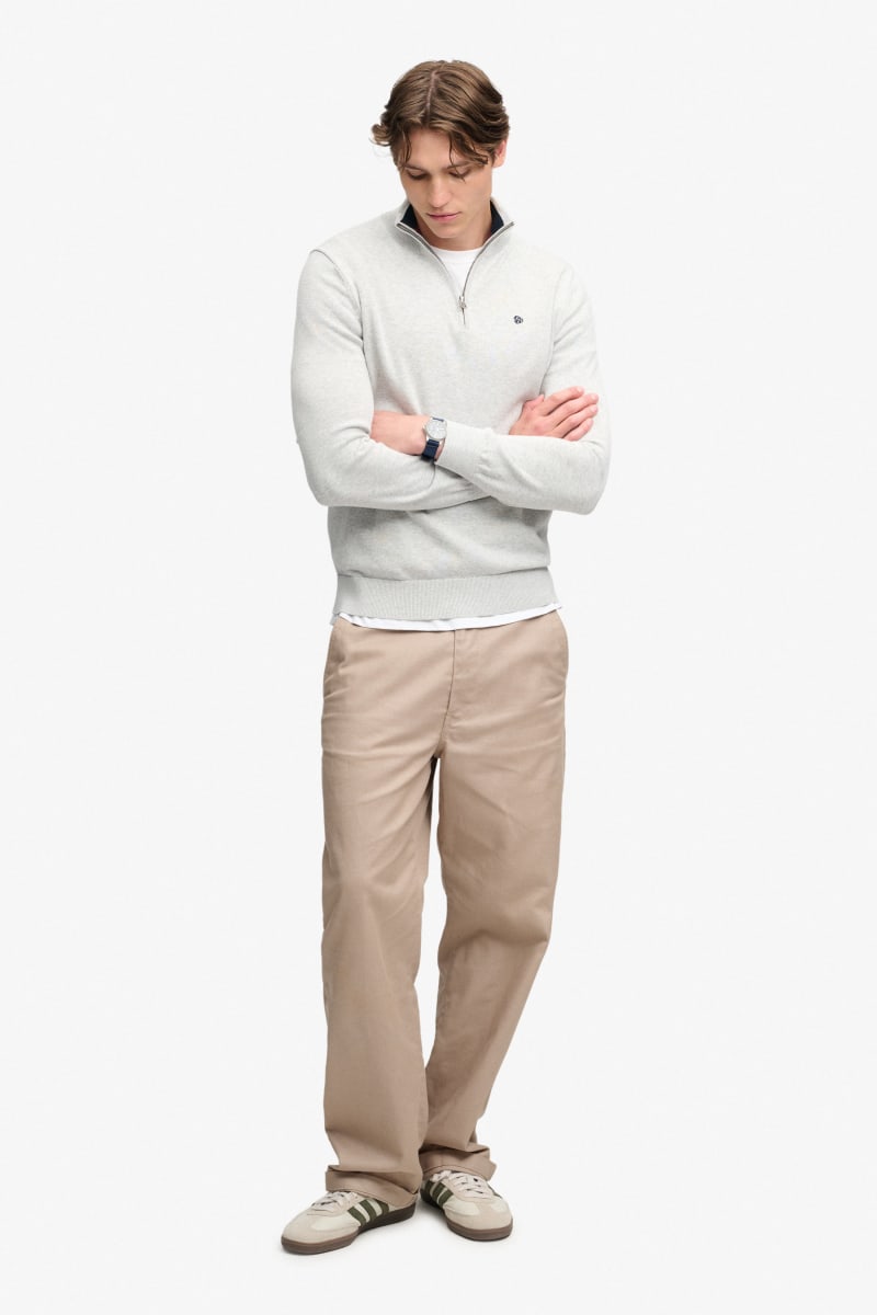 Superdry Prep Essential Cotton Half Zip Knit in Lightning Grey Marl, collar and zip detail