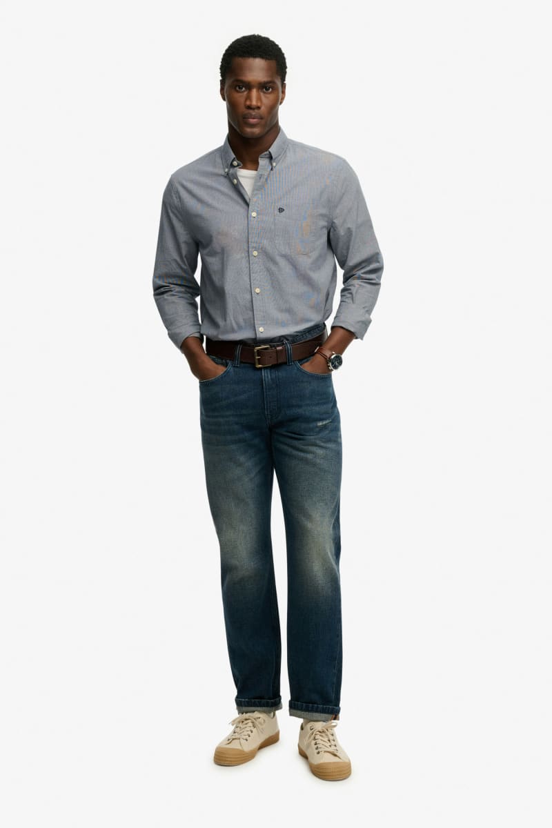 Superdry M4011107A Preppy Poplin Long Sleeve Shirt Navy Micro Houndstooth
