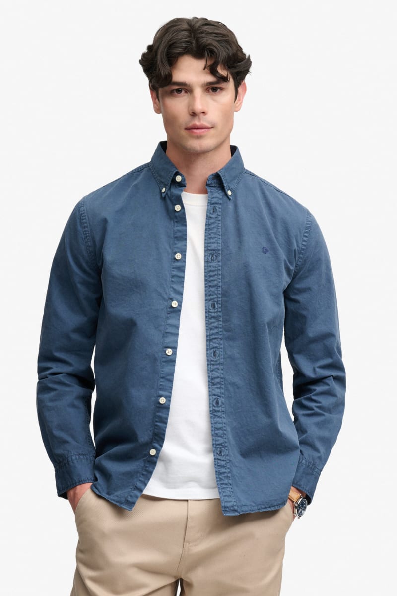 Superdry Garment Dyed Long Sleeve Shirt - Tumbled Slate Blue