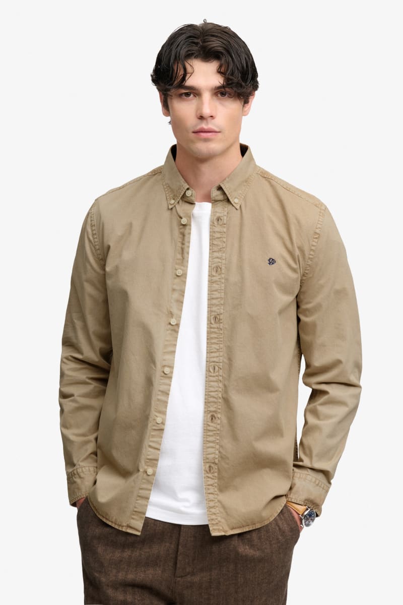 Superdry Garment Dyed Long Sleeve Shirt in Tumbled Tan, front view
