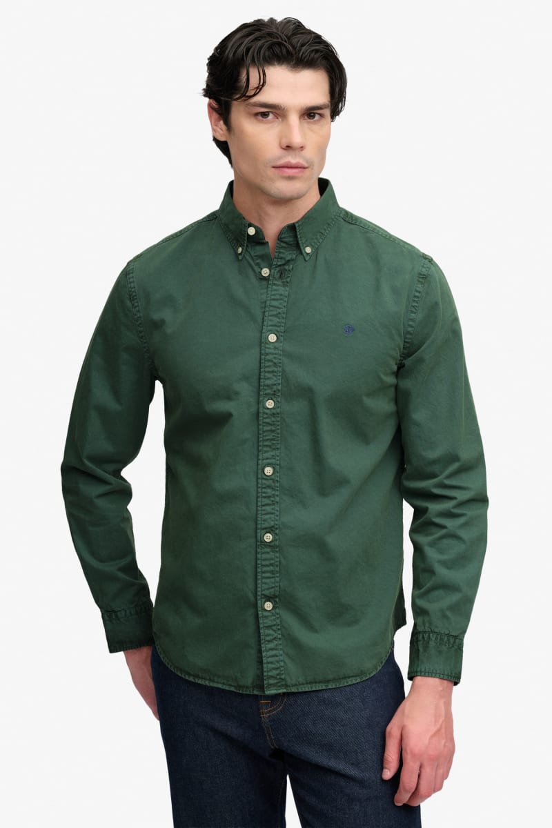 Superdry Garment Dyed Long Sleeve Shirt in Tumbled Green, front view