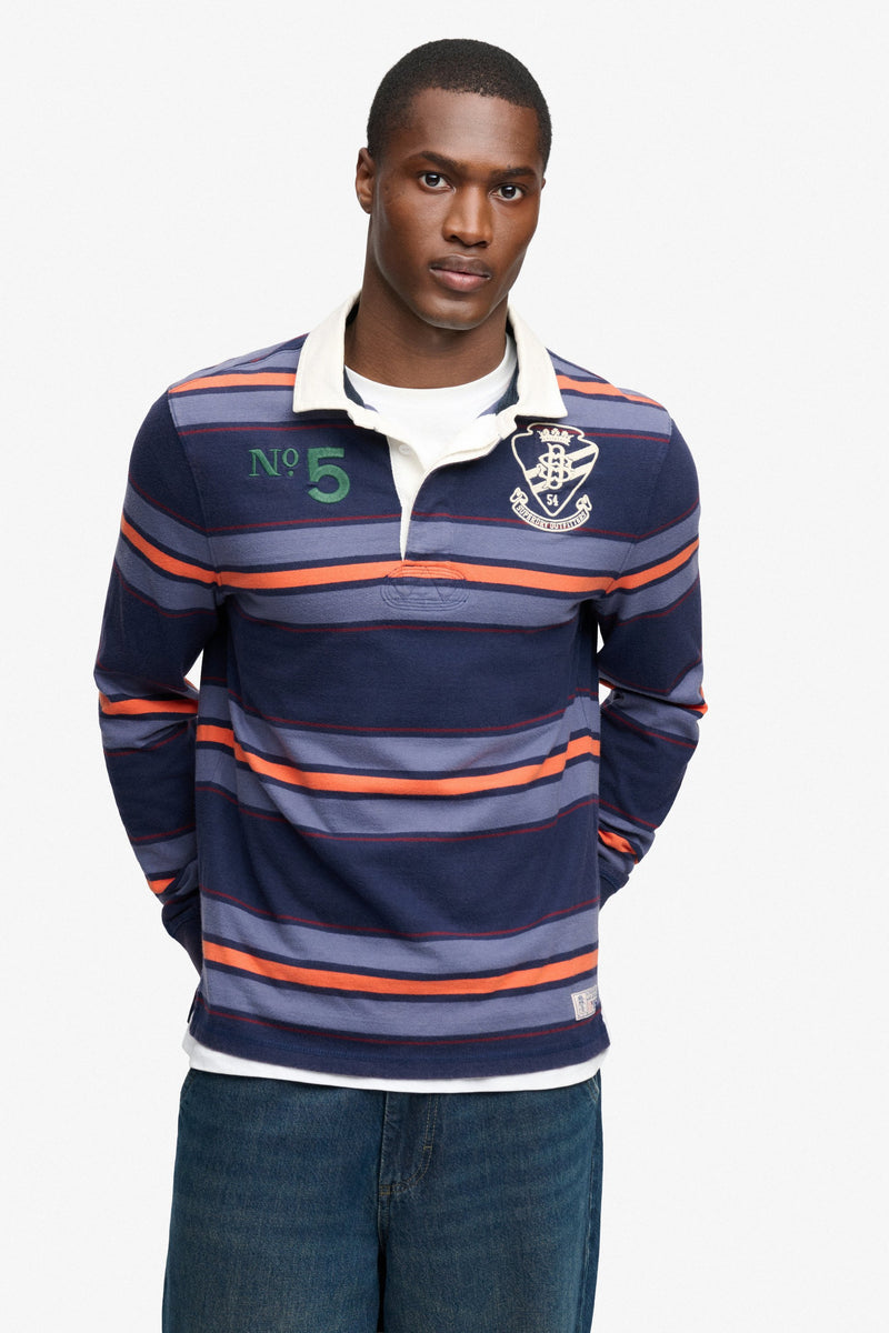 Superdry M1110483A Relaxed Fit Double Emblem Stripe Rugby Top Orange Navy Stripe