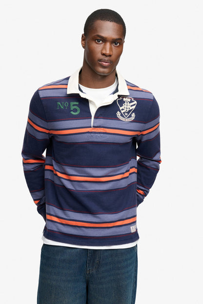 Superdry M1110483A Relaxed Fit Double Emblem Stripe Rugby Top Orange Navy Stripe