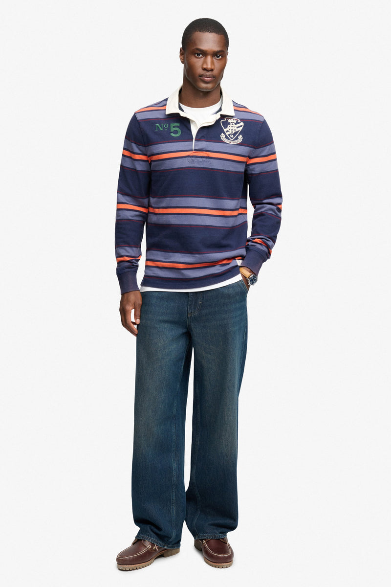 Superdry M1110483A Relaxed Fit Double Emblem Stripe Rugby Top Orange Navy Stripe