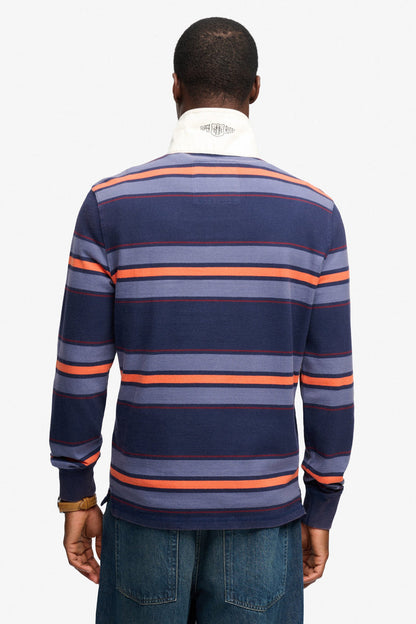 Superdry M1110483A Relaxed Fit Double Emblem Stripe Rugby Top Orange Navy Stripe