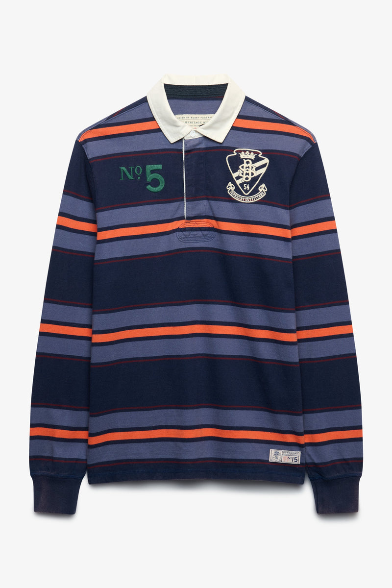 Superdry M1110483A Relaxed Fit Double Emblem Stripe Rugby Top Orange Navy Stripe