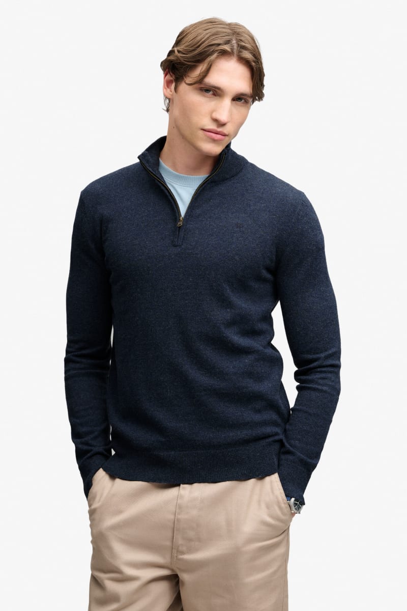 Superdry Essential Lightweight Wool Blend Half Zip - Rich Navy Marl