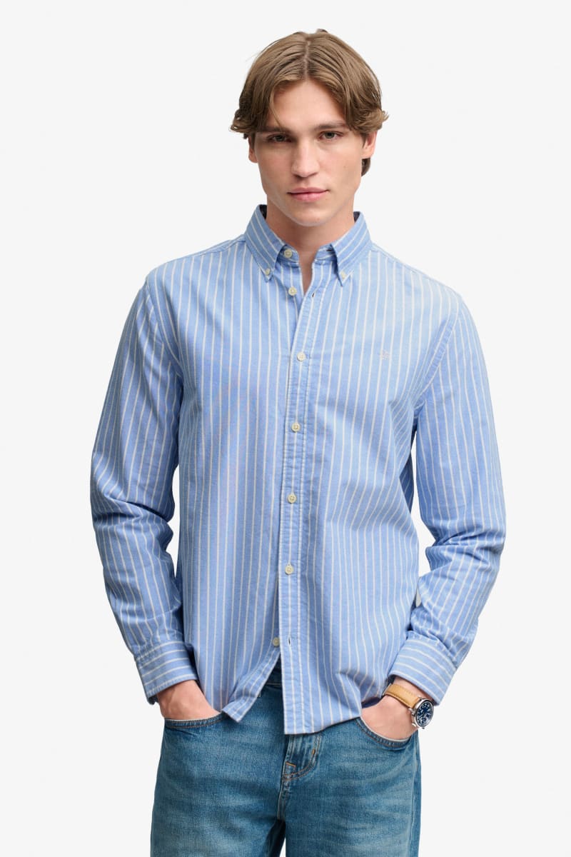 Superdry Preppy Oxford Long Sleeve Shirt in Broker Blue Stripe, front view